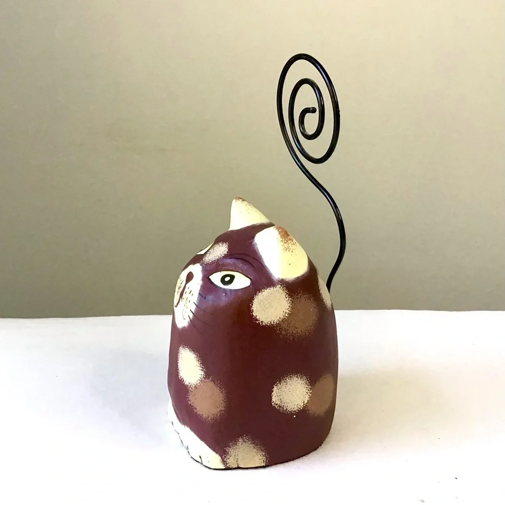Pier 1 Cat Tail Photo Card Note Holder Whimsical Kitty Folk Art Painted Wood